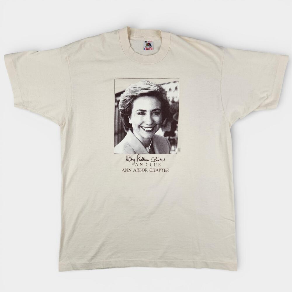 Vintage Hillary Clinton Fan Club Shirt Size XL Off-White Fruit Of The Loom 90s